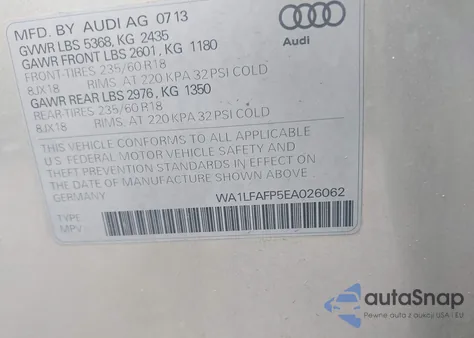 2014 Audi Q5 2.0T Premium из США, поврежденный, VIN WA1LFAFP5EA026062